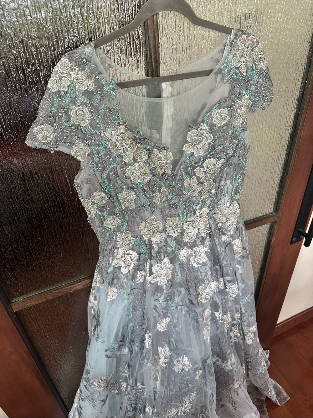 Mac Duggal Steel Blue and Silver Floral Embroidered Maxi Gown - Picture 11 of 14
